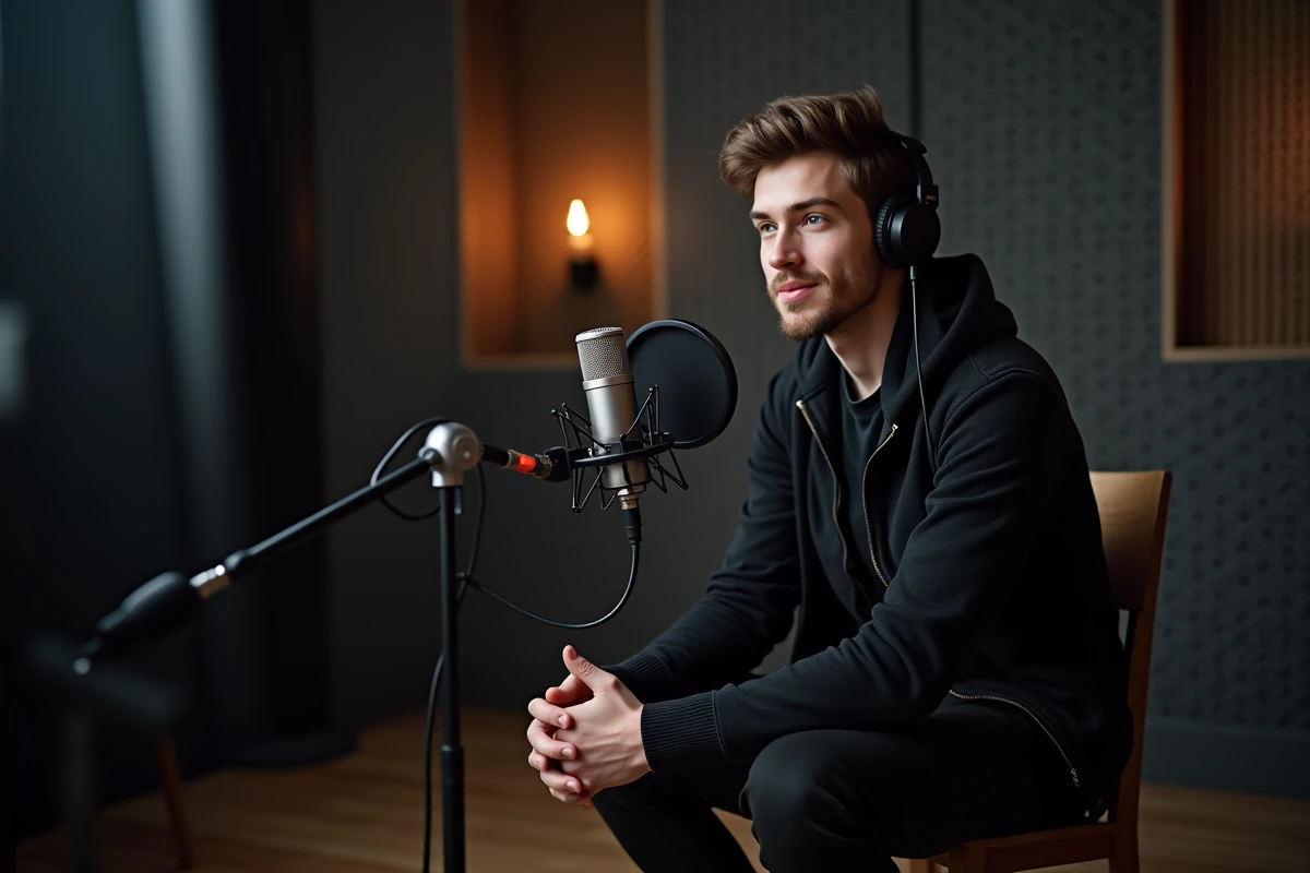Jeune homme en interview dans un studio de podcast, évoquant les discussions médiatiques autour de la taille et de la notoriété du rappeur Hamza