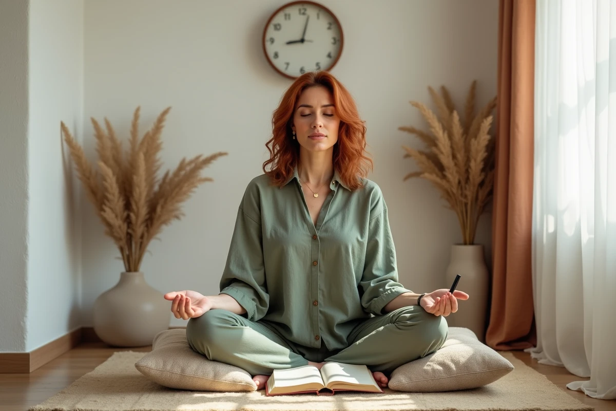 Femme en m&eacute;ditation dans un coin lecture avec horloge indiquant 15h55 au mur, repr&eacute;sentant la symbolique spirituelle de l'heure miroir