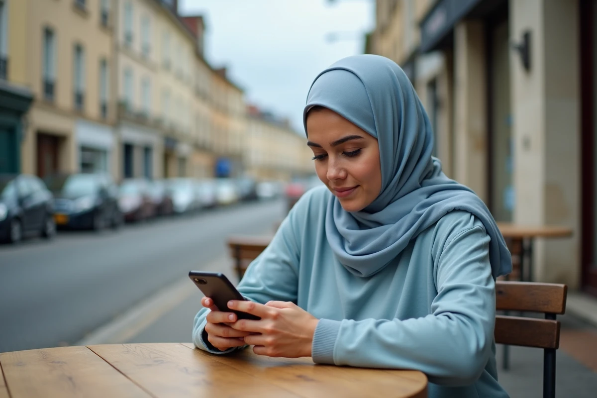 Jeune femme consultant les heures de prière sur son téléphone à Tremblay-en-France