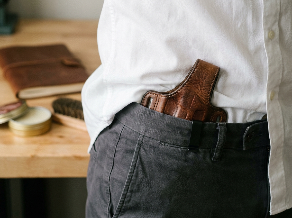 Gros plan d'un holster en cuir IWB glissé dans la ceinture d'un pantalon, matériel pour le port discret au quotidien