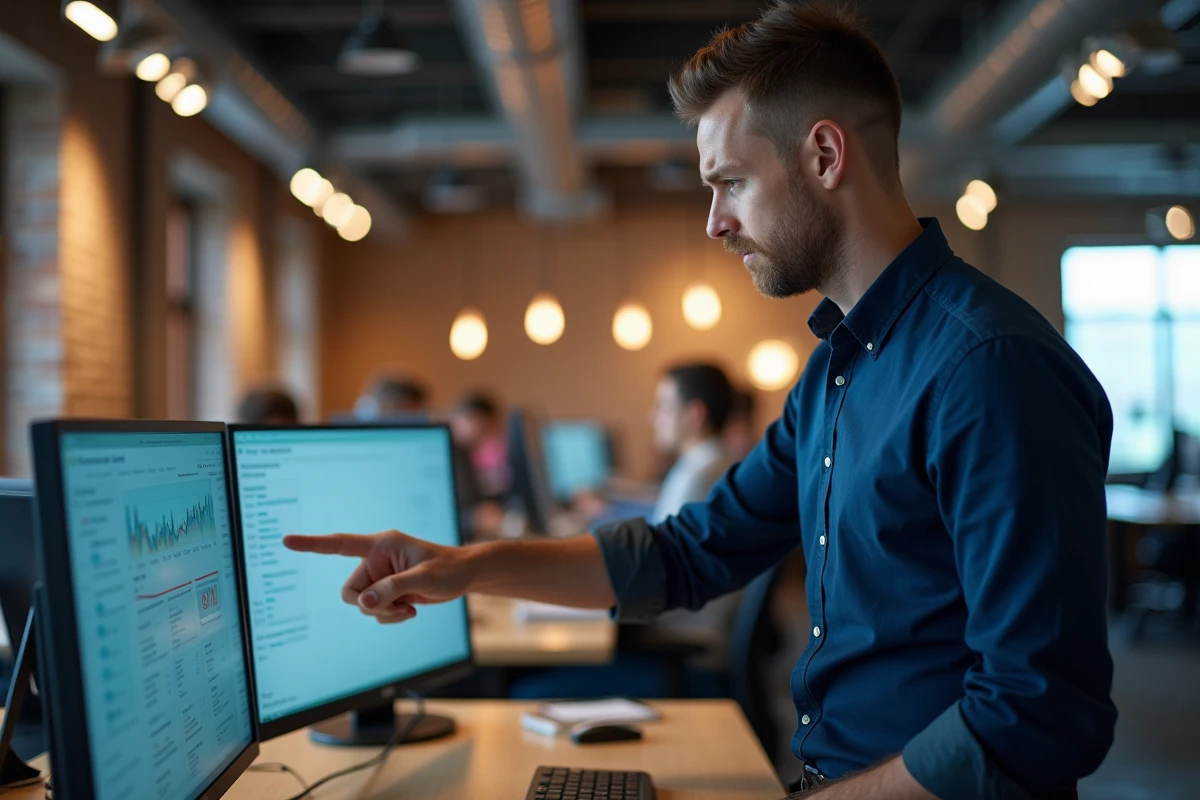 Homme analysant des erreurs sur une plateforme de scan numérique avec deux écrans dans un bureau moderne