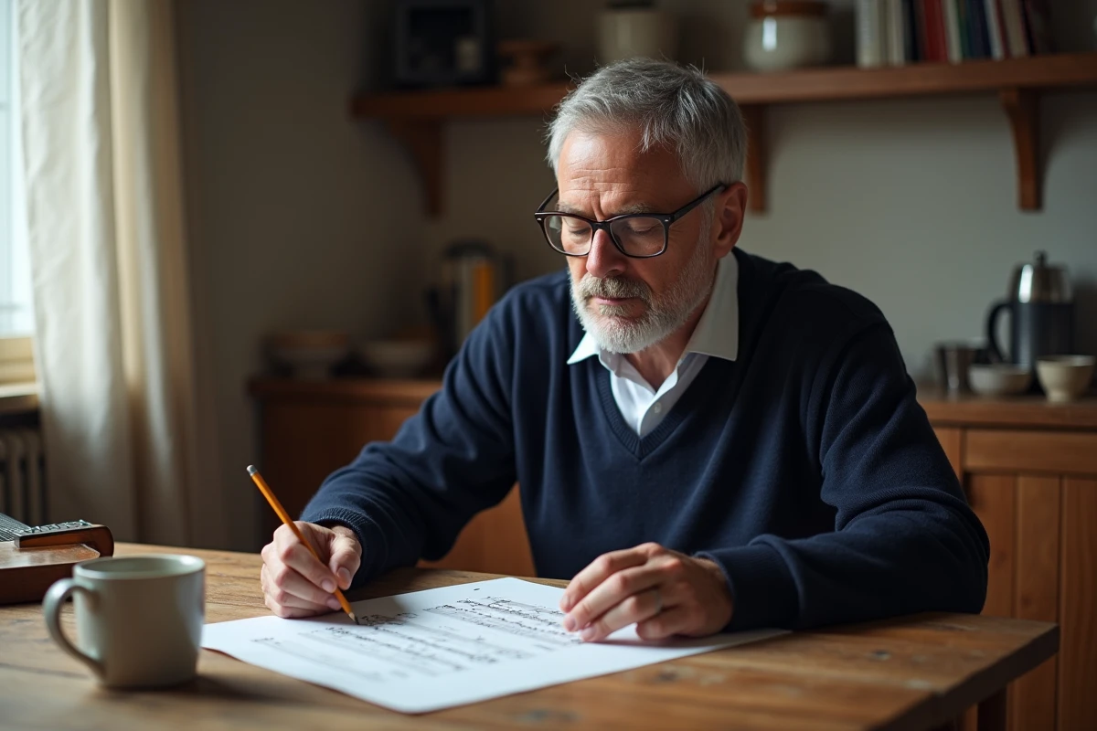 Homme d'âge mûr annotant une partition musicale avec un crayon à la table de cuisine