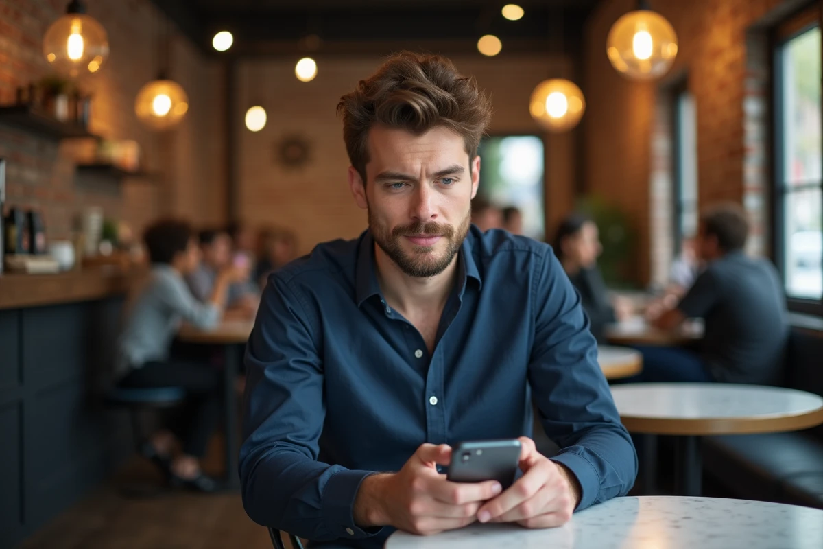 Homme parcourant une application de rencontre en ligne sur son smartphone dans un café moderne
