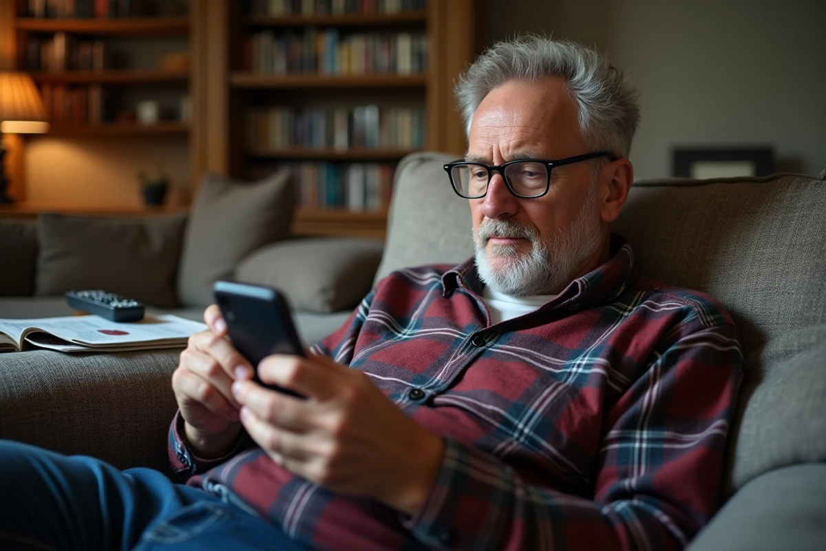 Homme d'&acirc;ge m&ucirc;r jouant &agrave; la belote coinch&eacute;e en ligne sans pub sur smartphone dans un salon confortable