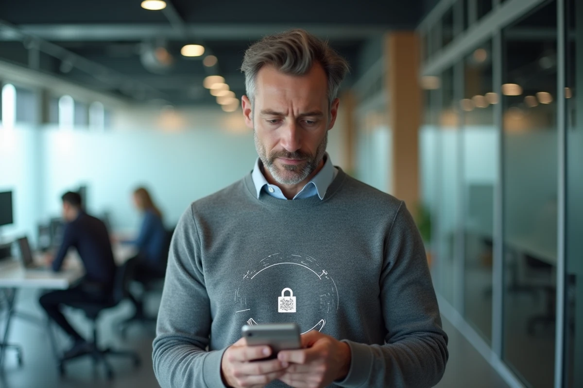 Homme en bureau moderne tenant un smartphone avec icône de cadenas symbolisant la sécurité des données