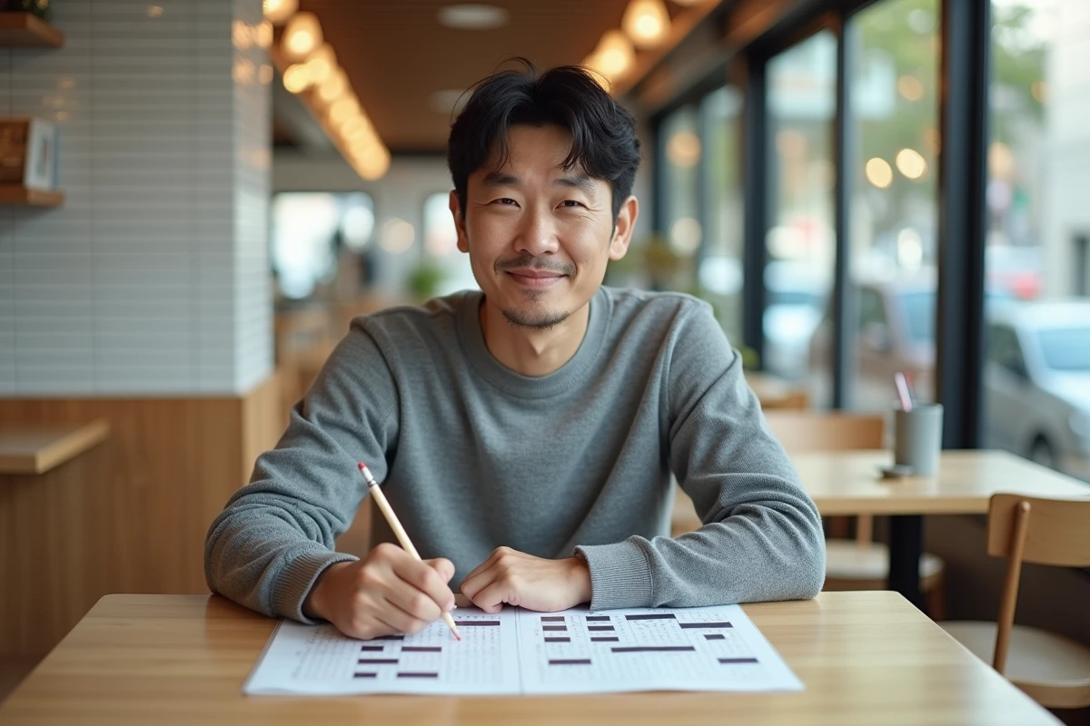 Homme r&eacute;solvant un magazine de mots fl&eacute;ch&eacute;s japonais dans un caf&eacute; moderne avec noms de villes japonaises