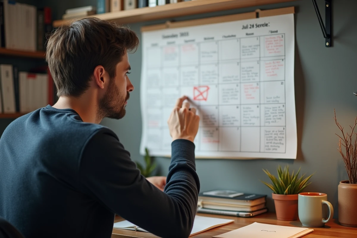Homme consultant un calendrier mural pour ne pas rater les f&ecirc;tes des pr&eacute;noms &agrave; venir