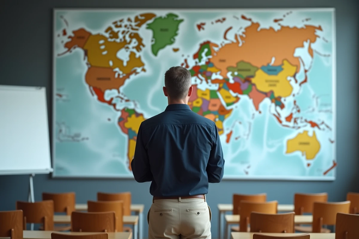 Homme debout devant une carte politique mondiale dans une salle de classe moderne
