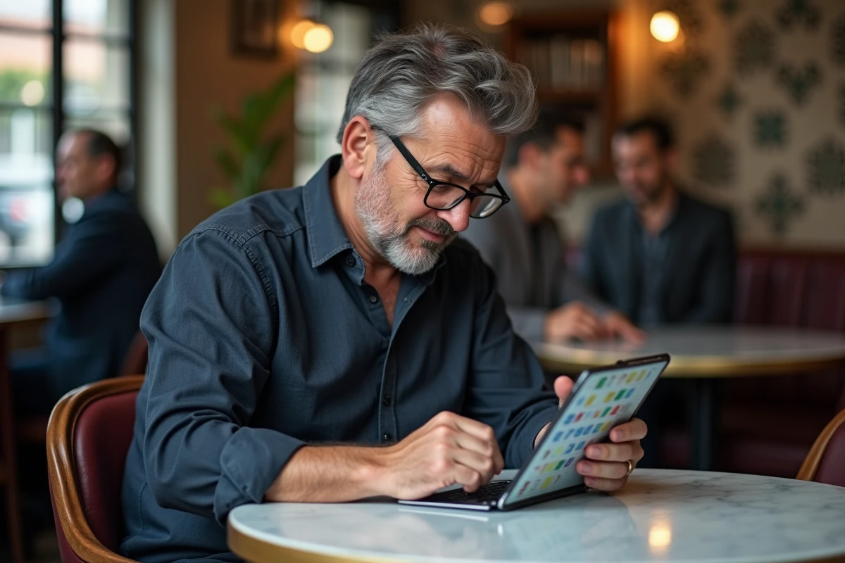 Homme avec tablette jouant à CodyCross dans un café urbain pour trouver le mot de passe du jour