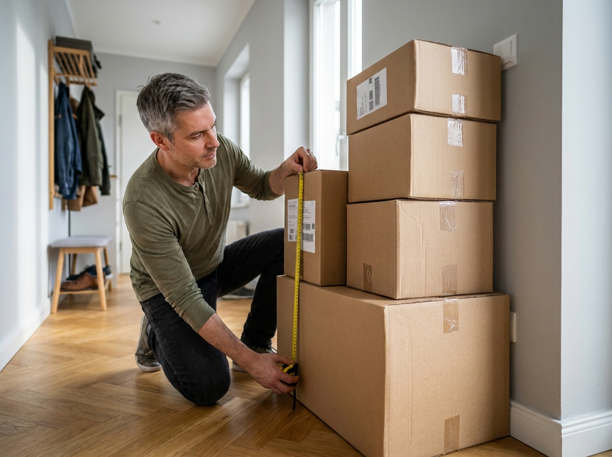 Homme comparant des cartons d'exp&eacute;dition de diff&eacute;rentes tailles avec un m&egrave;tre ruban dans un couloir d'appartement
