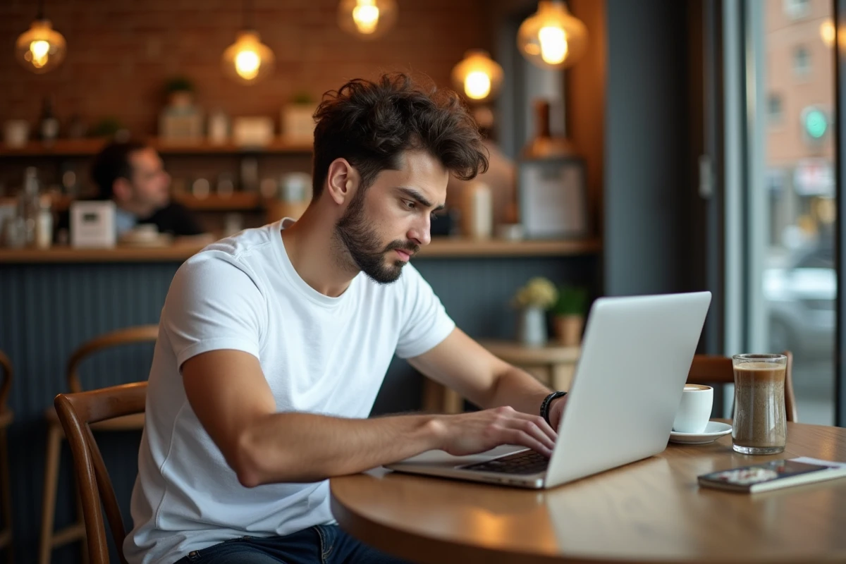 Homme consultant un guide de conjugaison française dans un café tout en rédigeant un document sur son ordinateur portable
