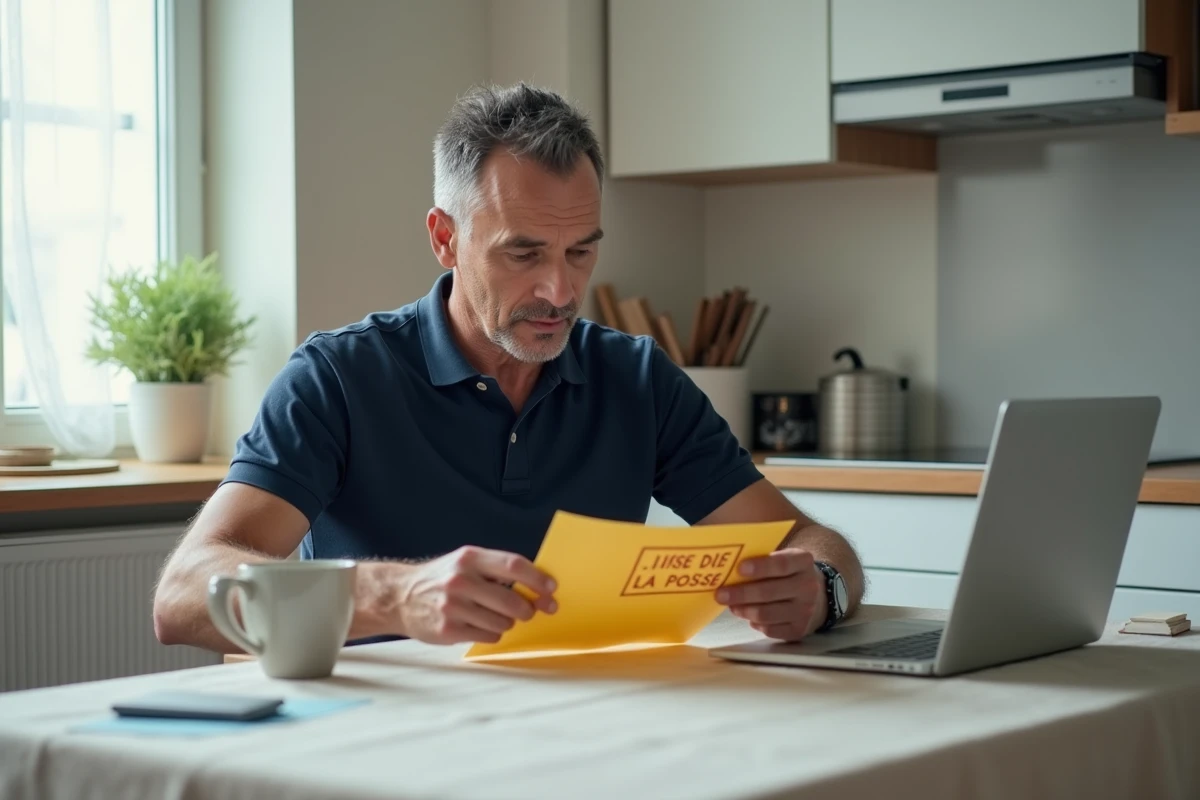 Homme consultant un avis de passage La Poste sur une table de cuisine avec un ordinateur portable pour reprogrammer sa livraison en ligne