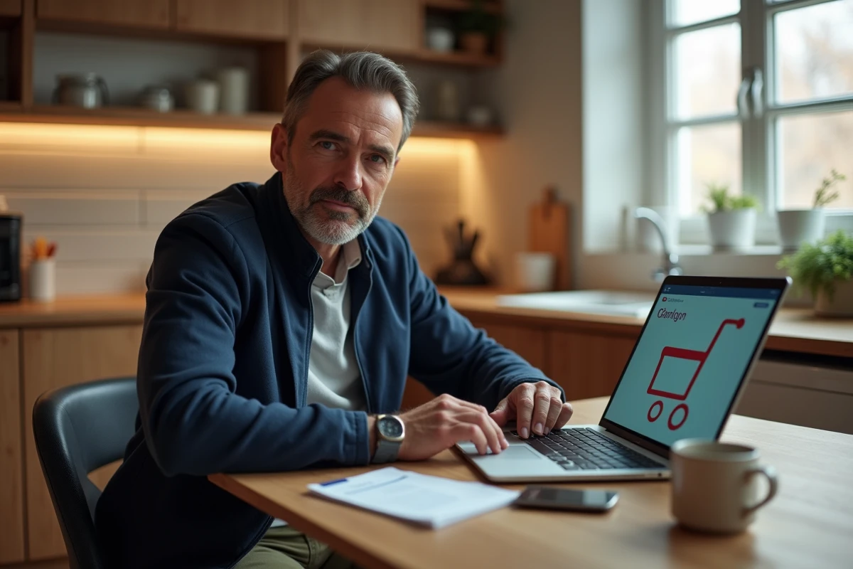 Homme planifiant ses courses en ligne sur Carrefour Drive avec un code promo affiché