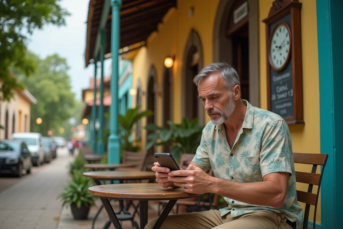 Homme vérifiant le décalage horaire sur son téléphone dans un café de Cayenne en Guyane
