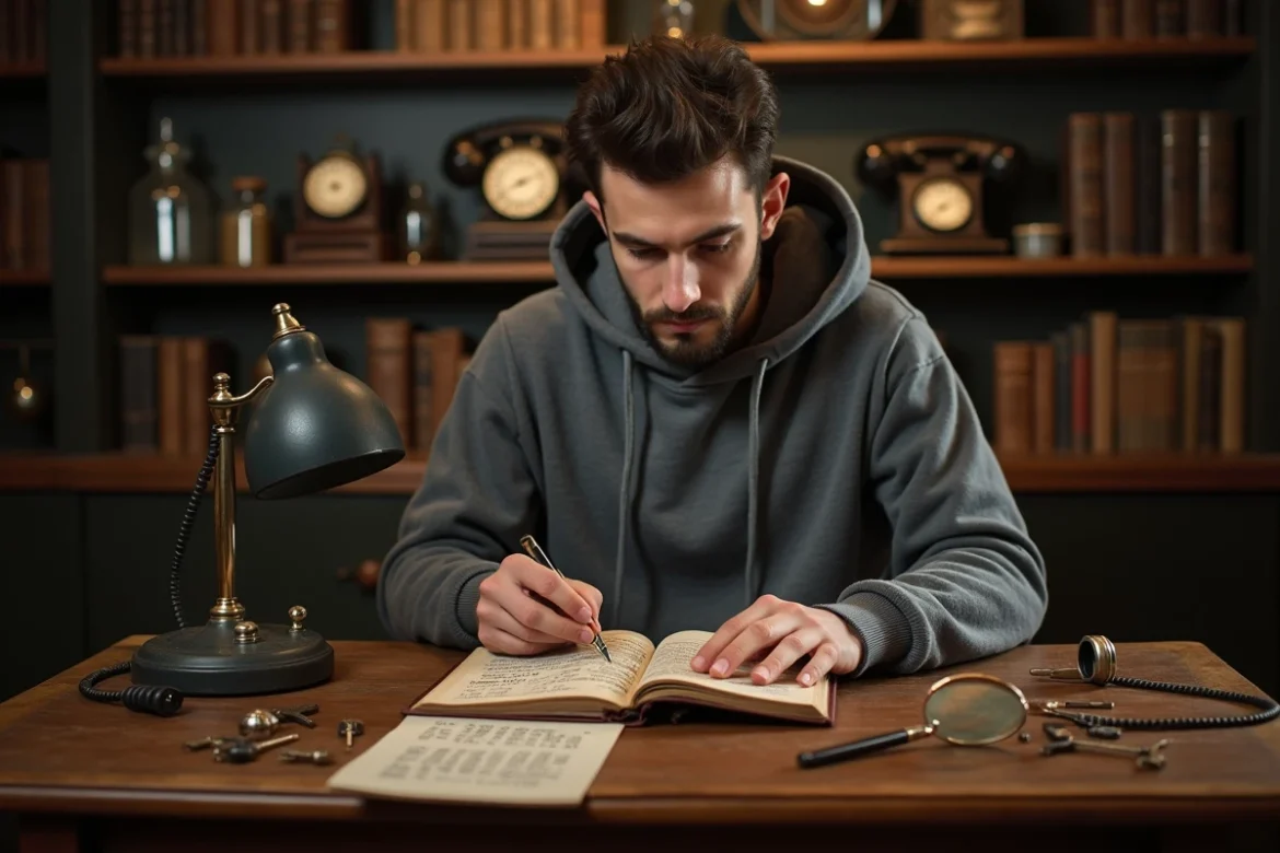 Homme adulte d&eacute;chiffrant un carnet de codes dans un escape room d&eacute;cor&eacute; en bureau de d&eacute;tective vintage