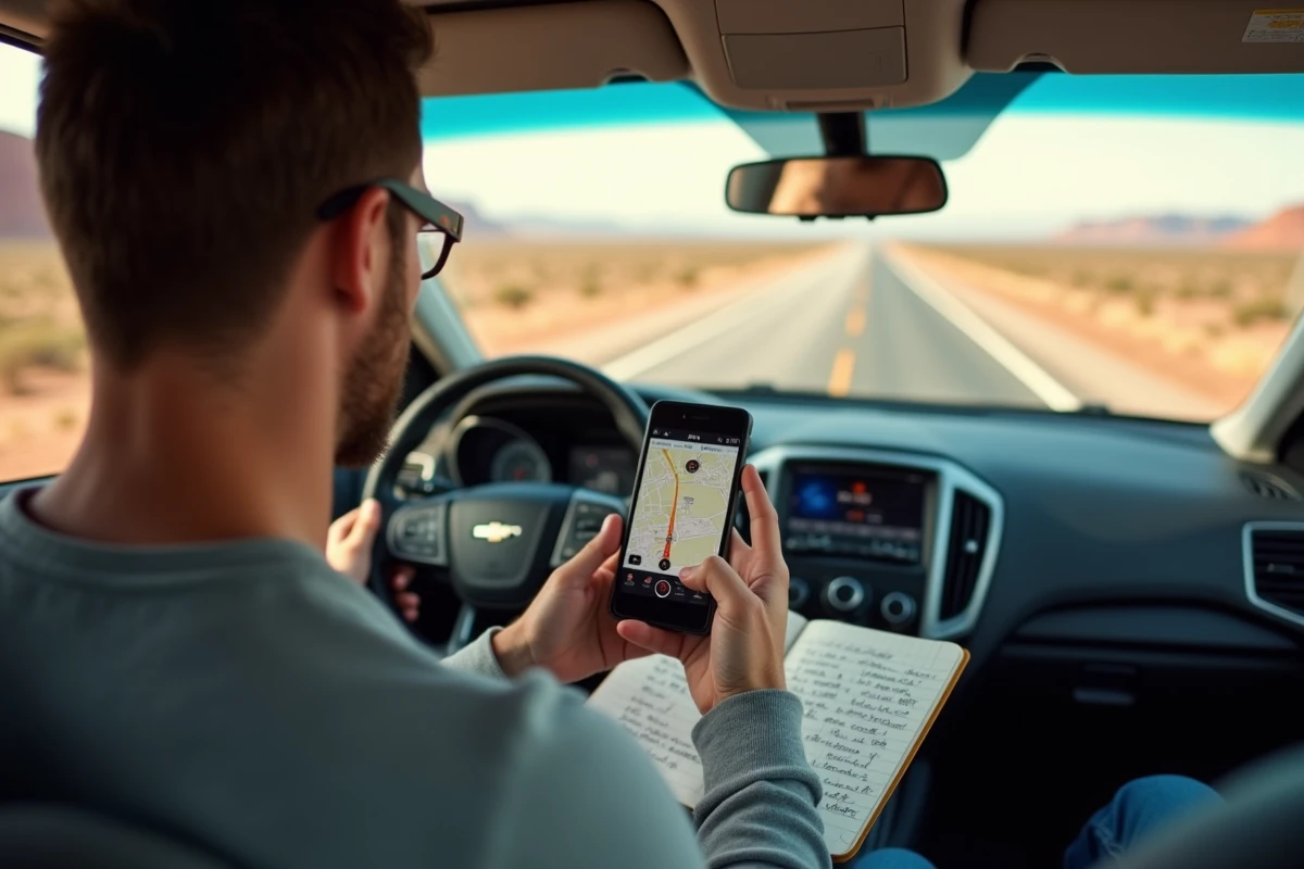 Homme consultant une application GPS en miles dans un SUV de location sur une route du désert américain