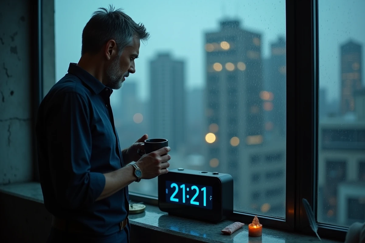 Homme regardant une horloge digitale affichant 21h21 près d'une fenêtre pluvieuse avec vue sur la ville la nuit