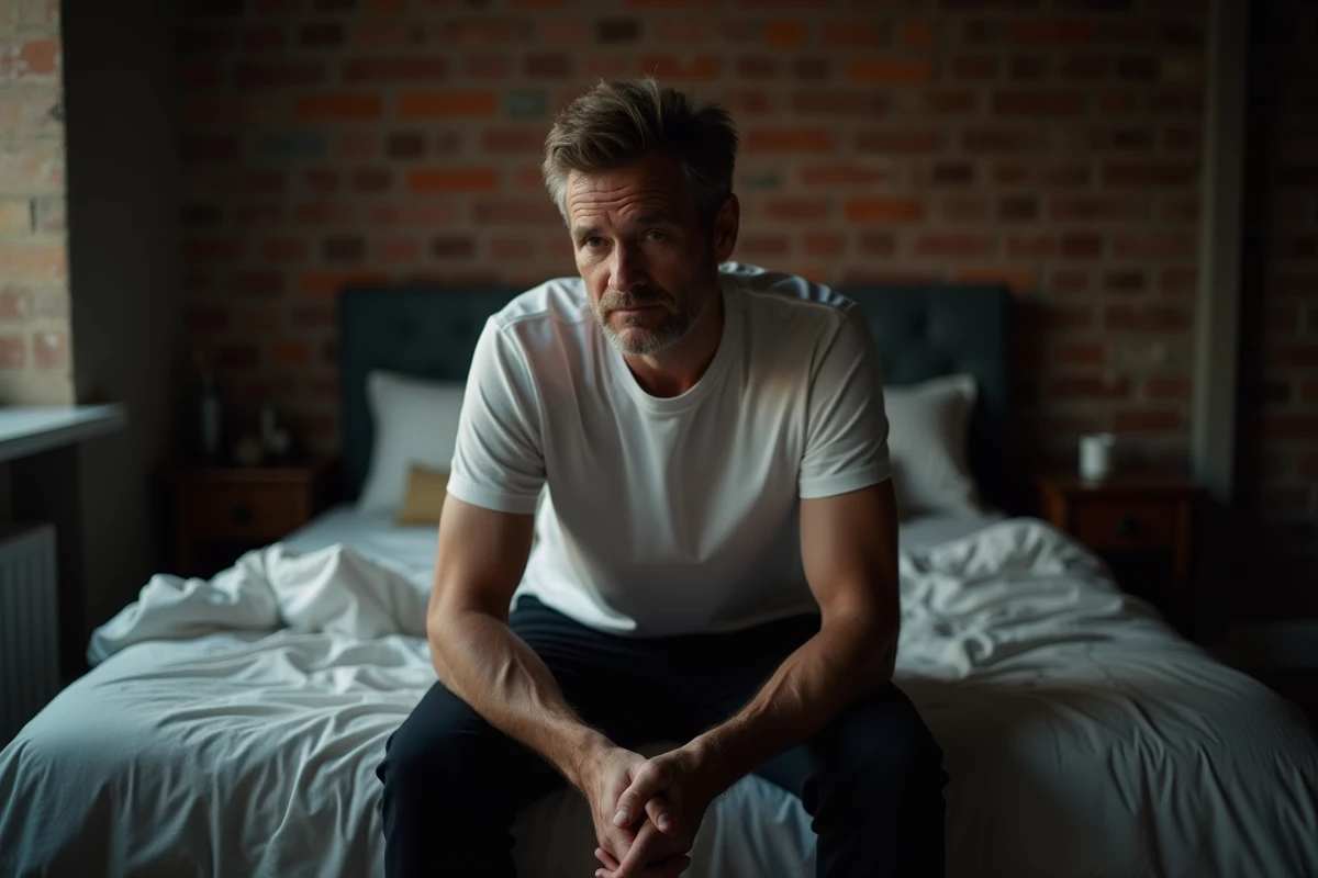 Homme introspectif assis seul au bord d'un lit dans une chambre sobre, illustrant la r&eacute;flexion personnelle et le questionnement dans une relation intime