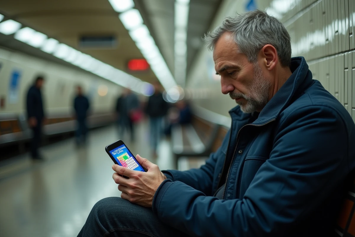 Homme consultant un jeu de mots croisés sur son smartphone dans le métro
