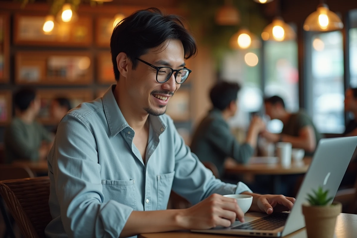 Homme lisant le chapitre One Piece scan en ligne sur un ordinateur portable dans un caf&eacute;