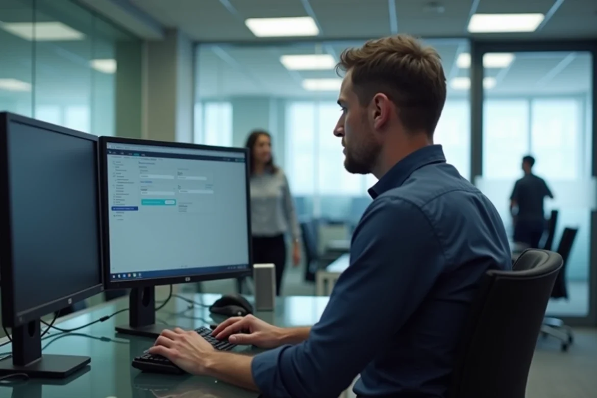 Homme configurant la redirection automatique d'emails sur un ordinateur de bureau dans un environnement de bureau professionnel