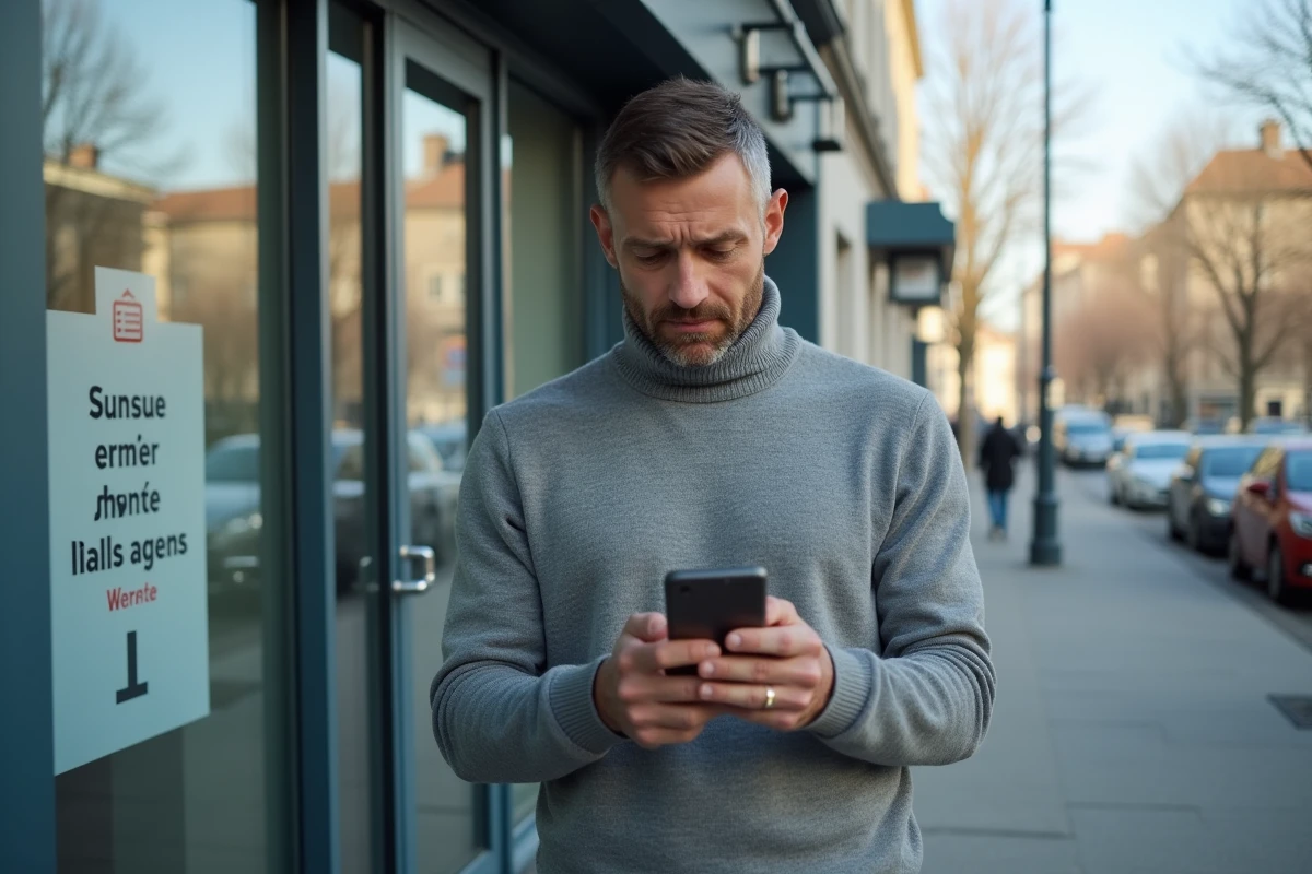 Homme consultant son téléphone devant une agence Pôle Emploi pour vérifier les horaires et fermetures exceptionnelles en 2026
