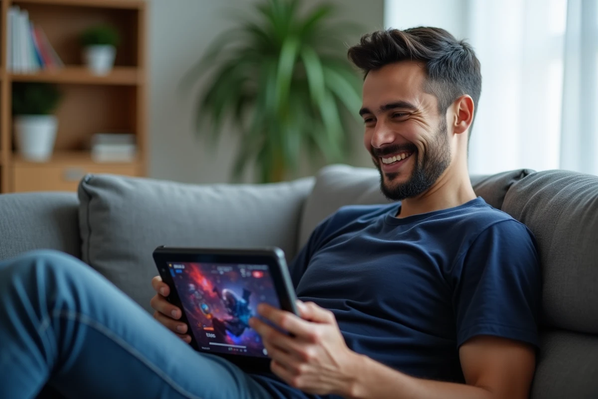 Homme détendu sur un canapé utilisant une tablette pour trouver des récompenses gratuites dans Monopoly GO