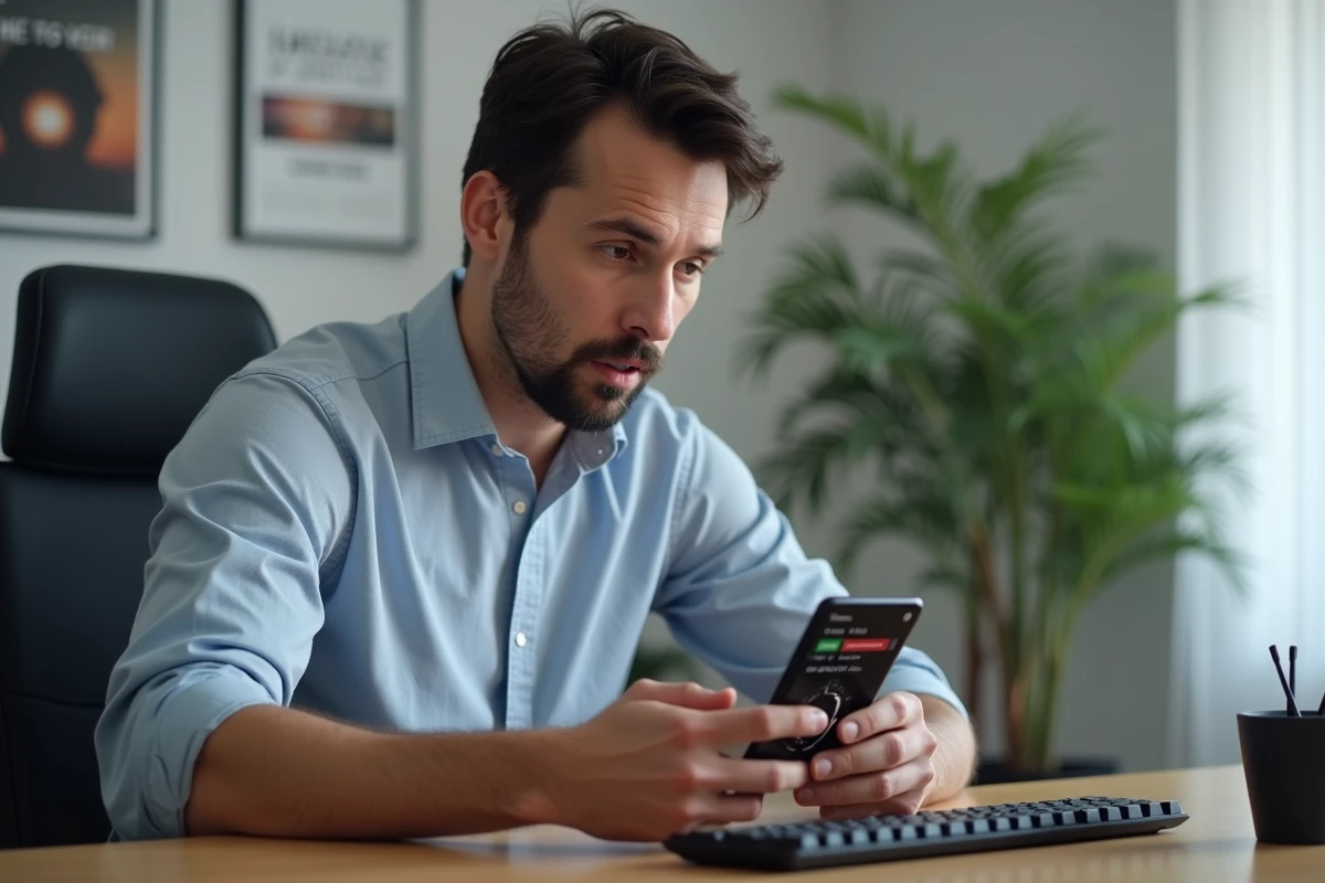 Homme adulte consultant son temps total pass&eacute; sur League of Legends sur application mobile dans un bureau moderne