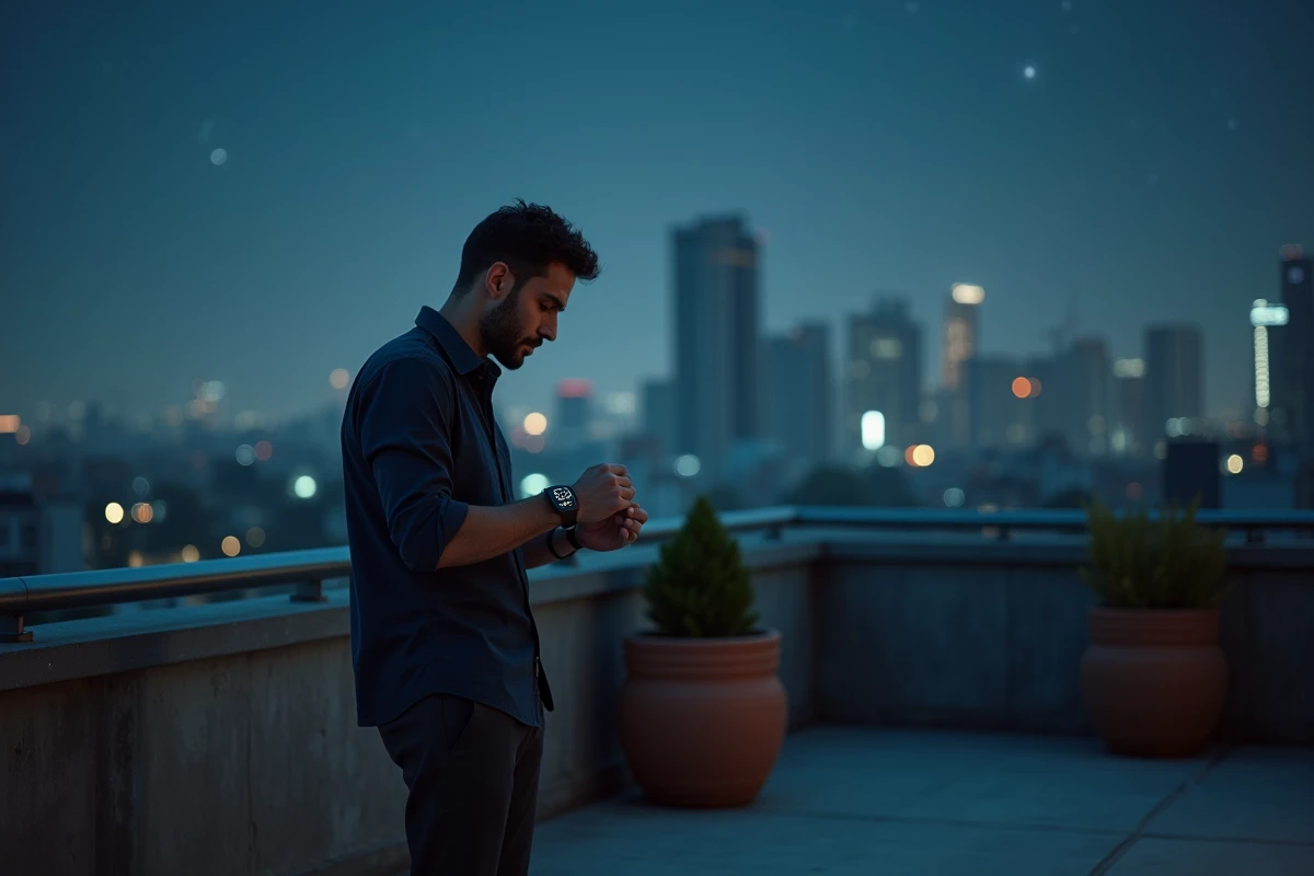 Homme sur une terrasse urbaine nocturne regardant sa montre affichant 23h23 avec la skyline de la ville en arrière-plan flou