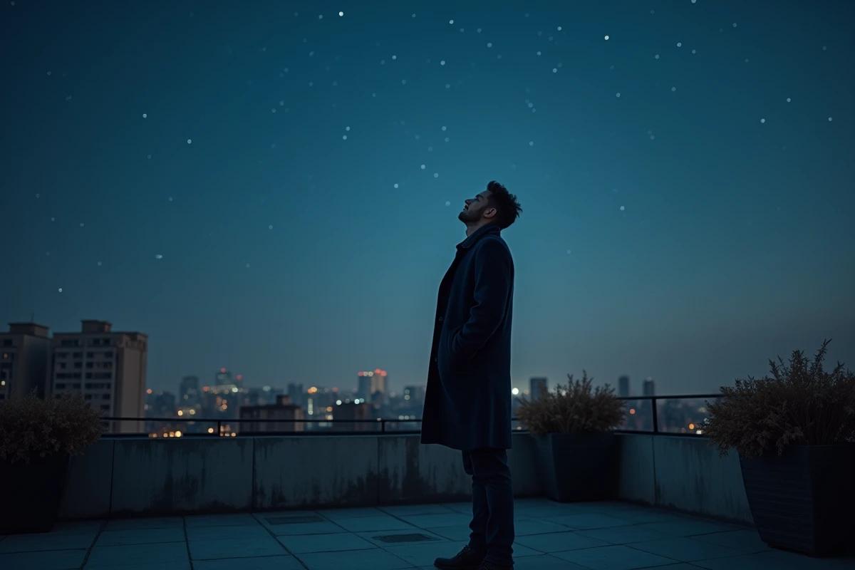 Homme seul sur un toit urbain la nuit regardant les étoiles à 03h03, dans une posture de réception des messages des guides spirituels liés aux flammes jumelles