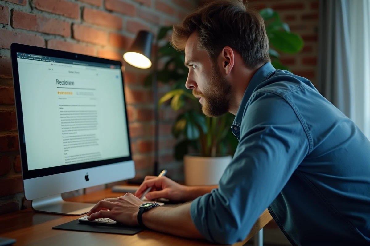 Homme consultant des avis consommateurs sur un écran d'ordinateur de bureau pour vérifier la fiabilité d'un site marchand