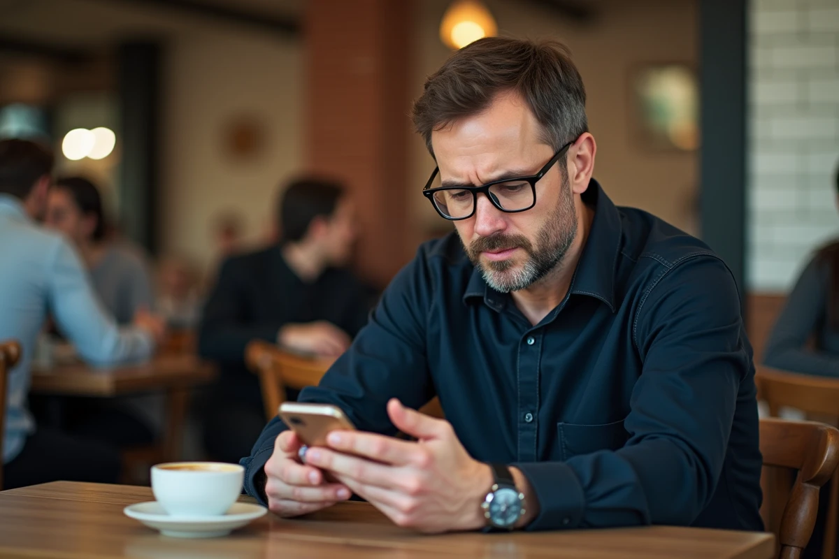 Homme analysant les avis d'un site en ligne sur son smartphone dans un café urbain