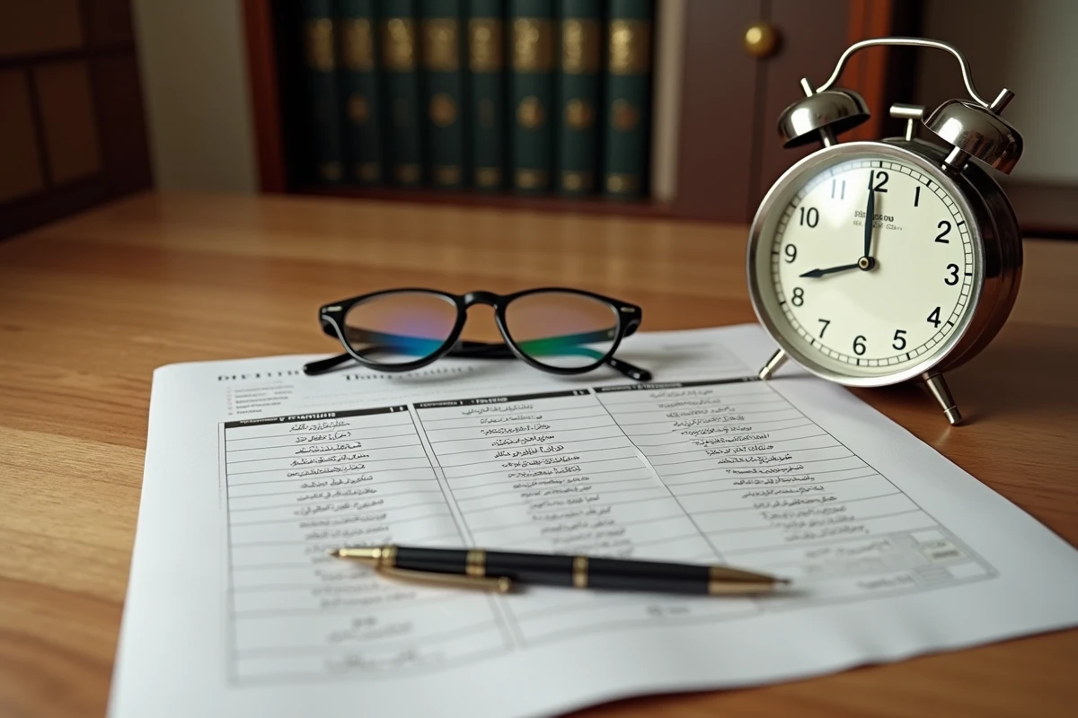 Horloge analogique et calendrier de prière islamique pour Livry-Gargan posés sur un bureau en bois