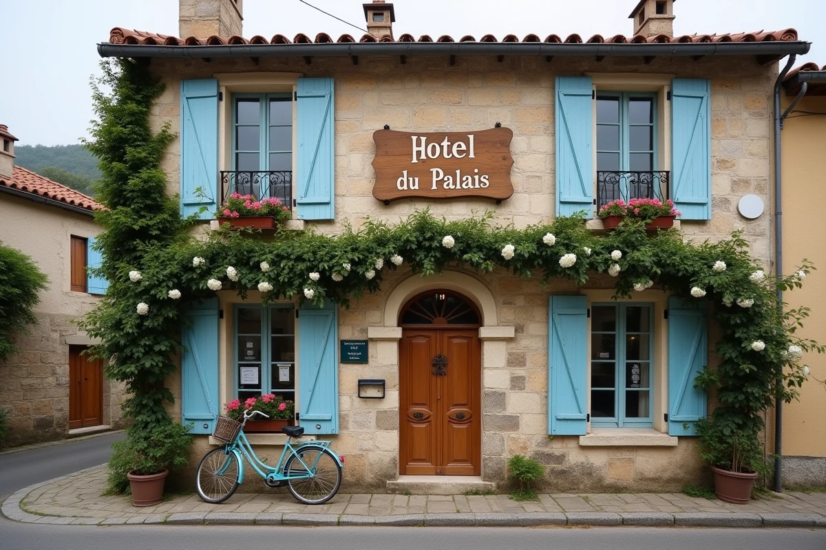Fa&ccedil;ade en pierre d'un petit h&ocirc;tel de charme &agrave; Hauterives dans la Dr&ocirc;me, village proche du Palais Id&eacute;al du Facteur Cheval, avec volets bleus et rosiers grimpants