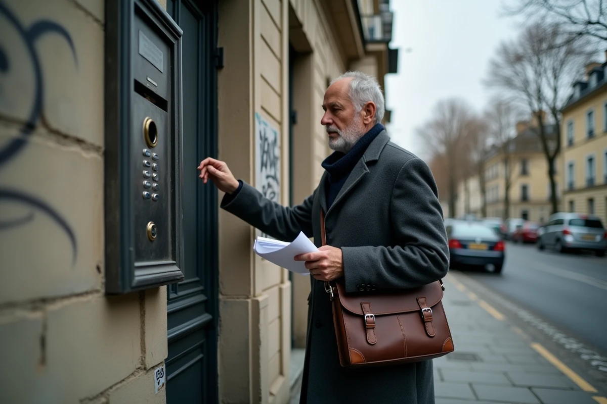 Huissier de justice sonnant &agrave; la porte d'un immeuble r&eacute;sidentiel parisien avec un document officiel &agrave; la main