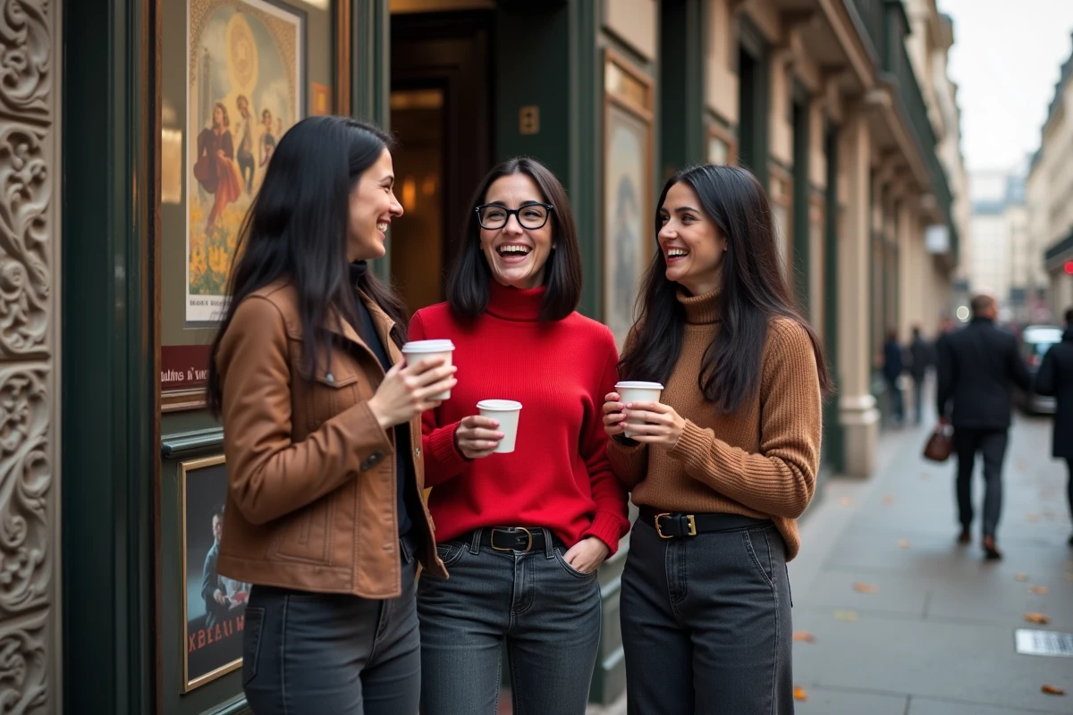 Trois humoristes fran&ccedil;aises riant devant un th&eacute;&acirc;tre parisien apr&egrave;s un spectacle de stand-up