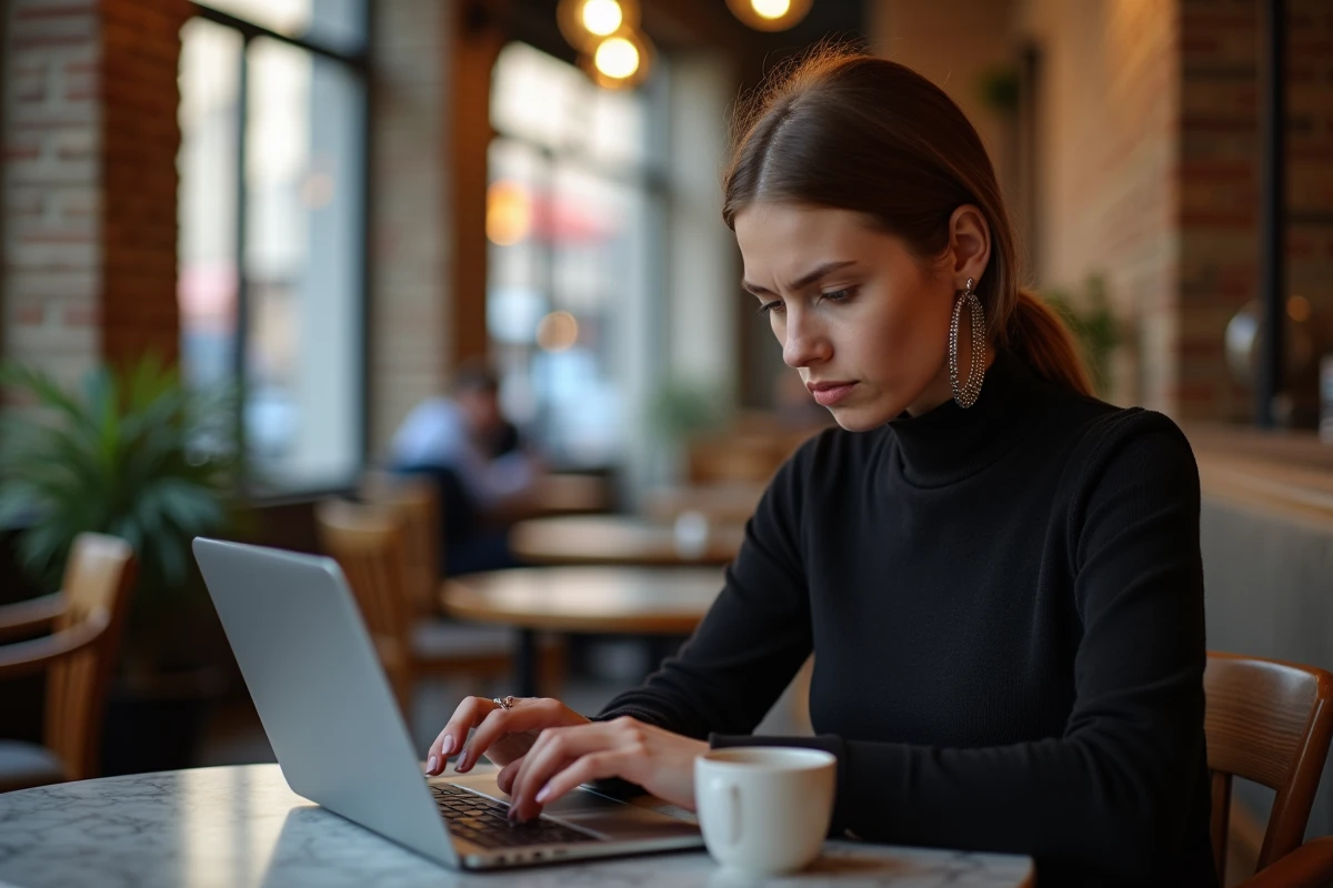 Jeune femme influenceuse lisant des commentaires négatifs sur son ordinateur dans un café parisien