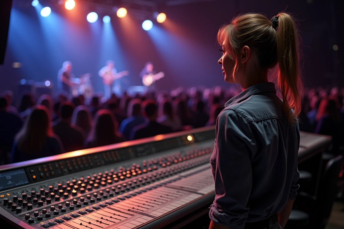 Ing&eacute;nieure du son en train de r&eacute;gler la console de mixage lors d'un soundcheck pour optimiser un set de guitare sans interf&eacute;rences