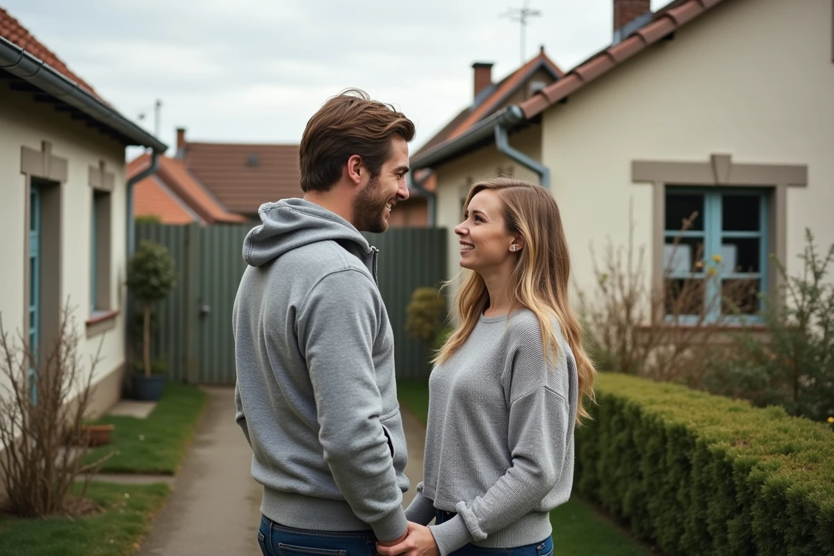 Jeune couple devant une maison individuelle dans un quartier r&eacute;sidentiel de Saralbe, illustrant l'installation et l'immobilier accessible dans ce village de Moselle