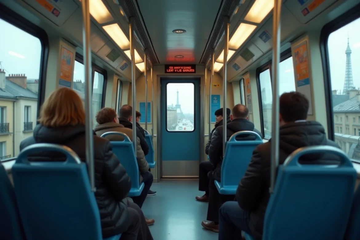 Int&eacute;rieur d'une rame de la ligne 6 du m&eacute;tro parisien avec vue a&eacute;rienne sur les toits de Paris