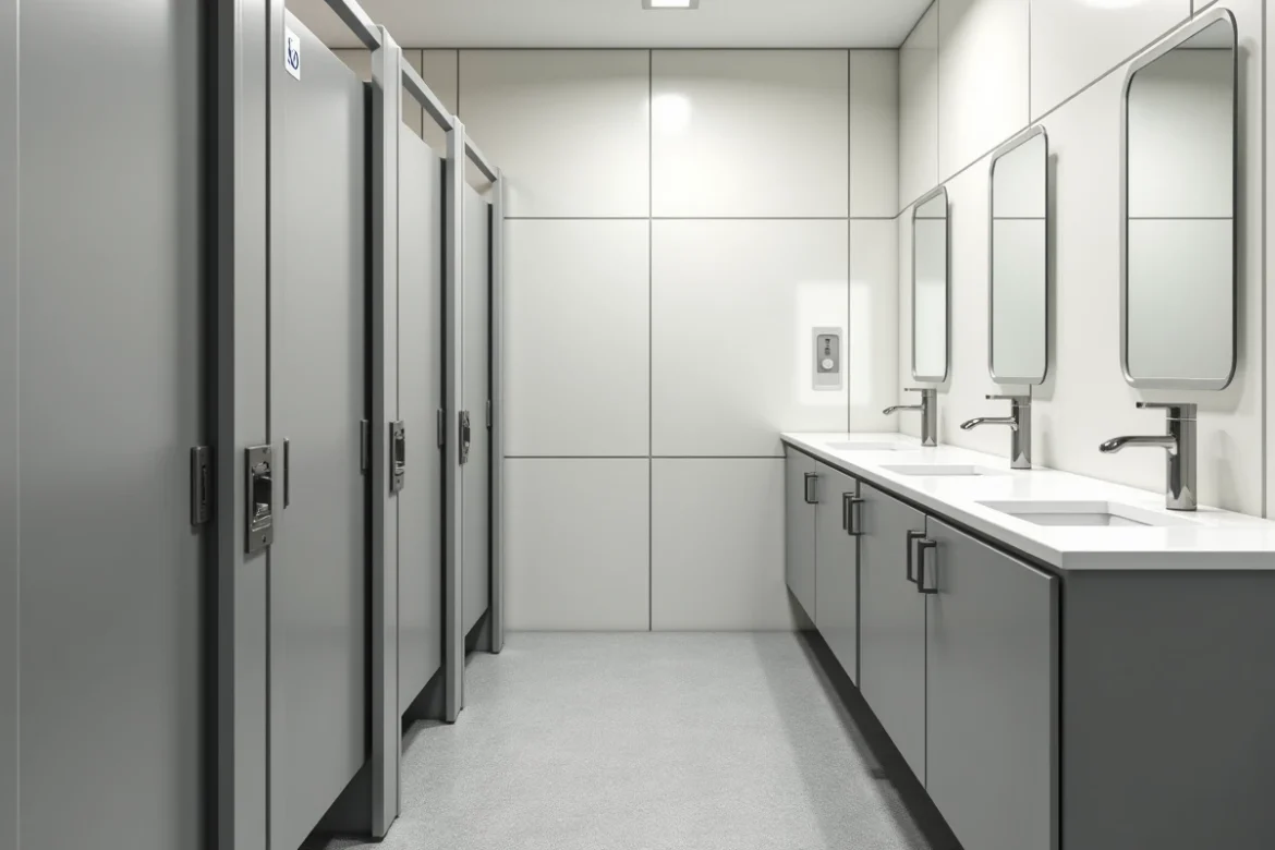 Int&eacute;rieur propre et moderne de toilettes publiques dans une grande gare ferroviaire avec cabines et lavabos