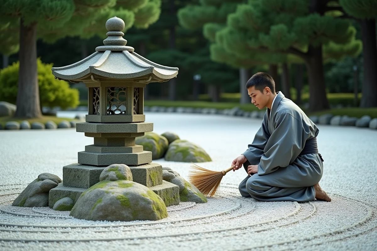 Jardin zen japonais à Nara avec moine et lanterne en pierre recouverte de mousse