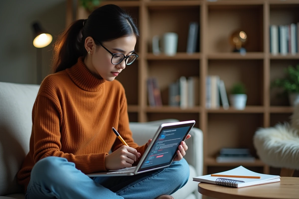 Jeune femme prenant des notes en découvrant les erreurs courantes d'une plateforme de scan sur tablette