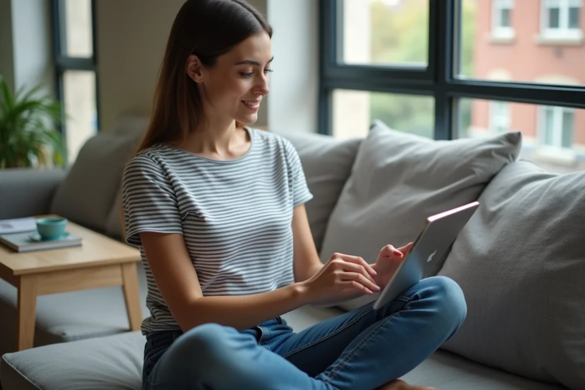 Jeune femme gérant le transfert automatique de ses mails NetCourrier sur une tablette depuis son salon