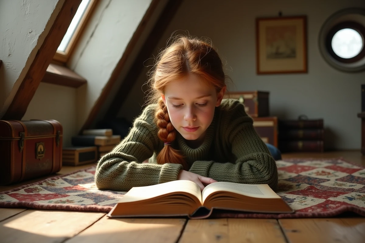 Jeune fille lisant un roman historique dans un grenier chaleureux d&eacute;cor&eacute; de cartes anciennes et de livres
