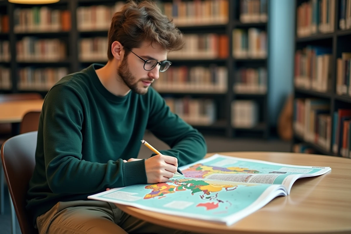 Jeune homme consultant un grand atlas ouvert sur des cartes comparatives de la superficie des pays du monde dans une biblioth&egrave;que universitaire moderne