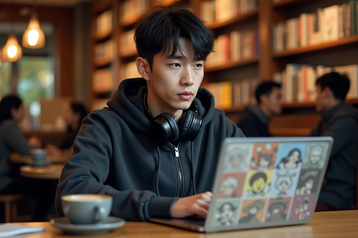 Jeune homme consultant des scans de Naruto en couleurs sur ordinateur portable dans un caf&eacute;
