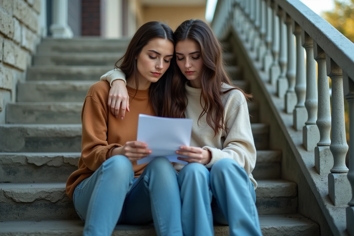 Deux jeunes amies assises sur des marches urbaines, lisant ensemble une lettre &eacute;mouvante, geste de r&eacute;confort et amiti&eacute; profonde