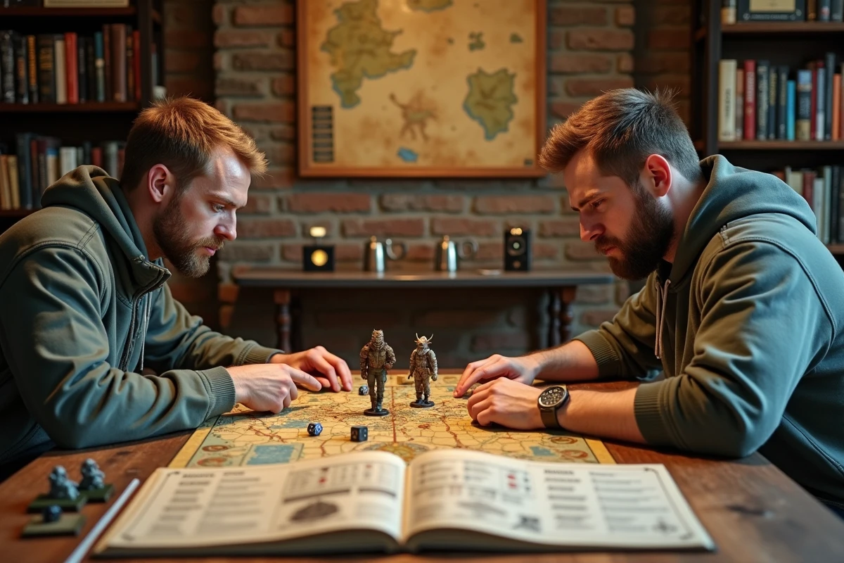 Joueurs de jeu de rôle sur table consultant un guide de capacités de titans primordiaux avec figurines et cartes de jeu
