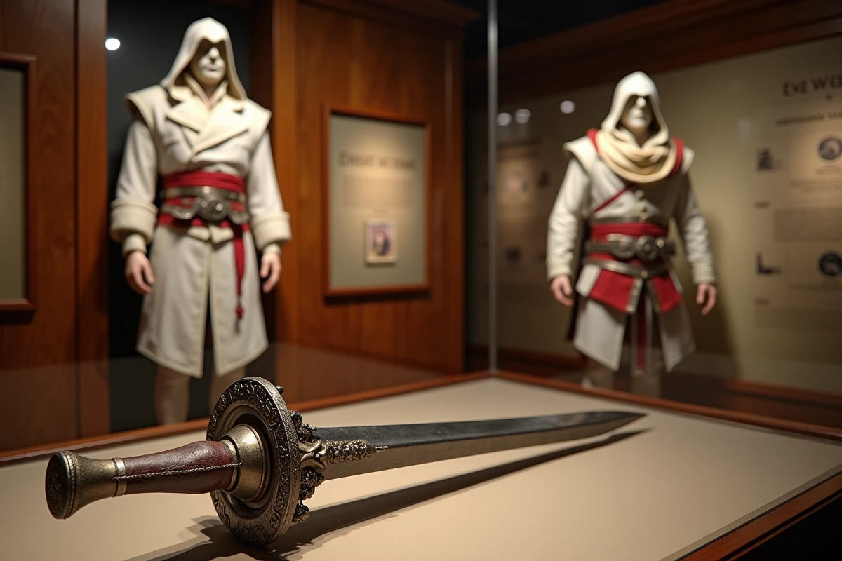 Réplique de la lame secrète d'Ezio Auditore exposée dans un musée du jeu vidéo avec costume Renaissance en arrière-plan